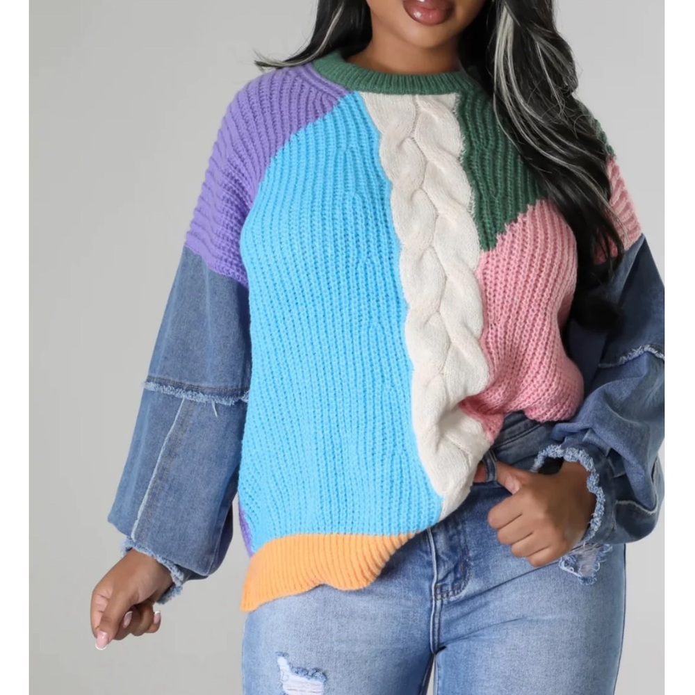 Denim patchwork sleeves on a Colorful Sweater size small fitted